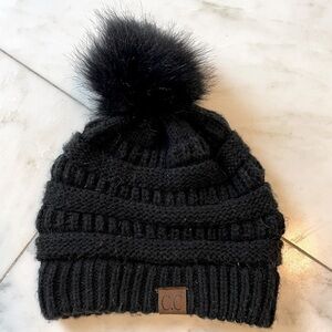C.C., black knit pompom beanie, one size fits most, cute warm cozy winter gear